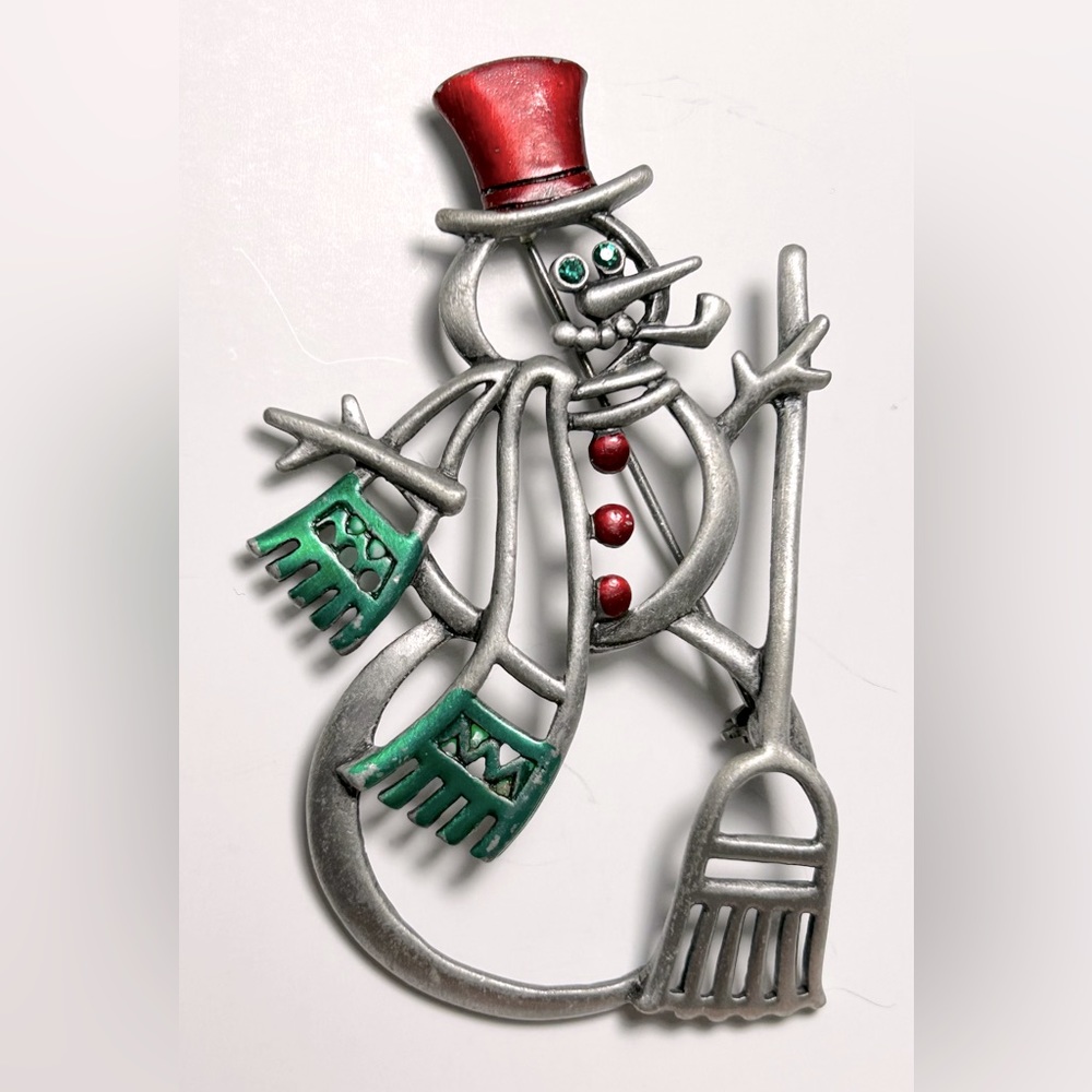 Green & Red Enamel Openwork Snowman Christmas Brooch Pin Vintage Signed JJ